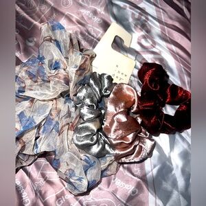 a new day Velvet and Chiffon Scrunchie Trio - Silver, Red, Blue